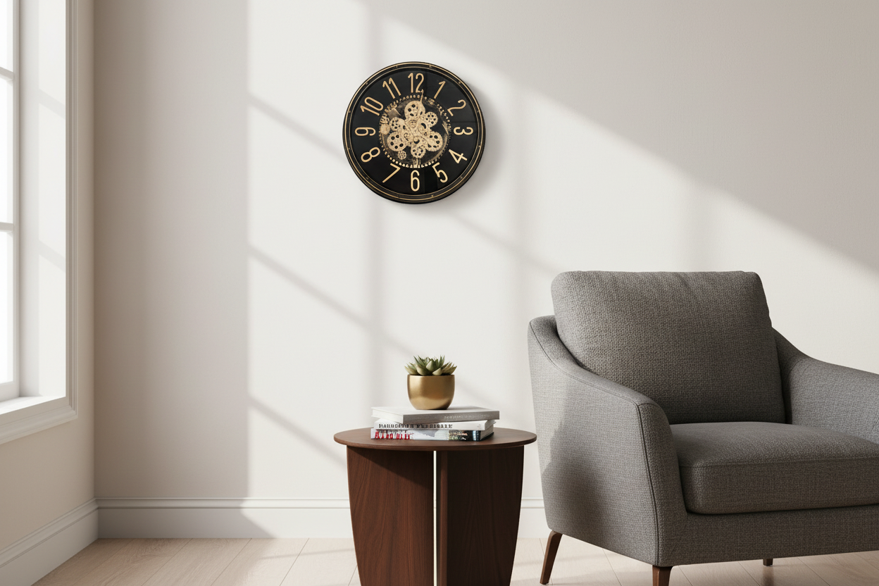 Large Black & Gold Clock with Cogs