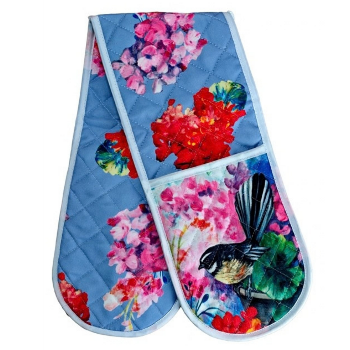 NZ Artwork Double Oven Glove Fantail on Pot