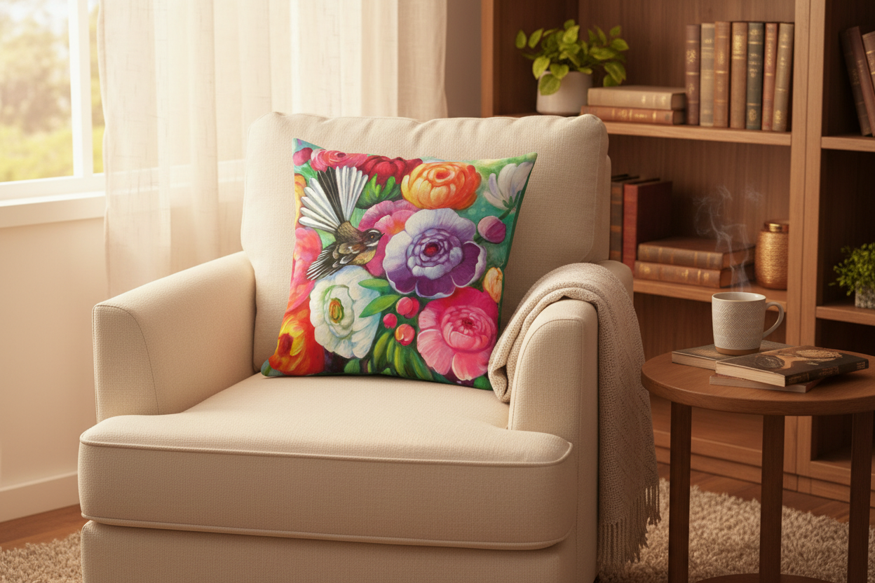 NZ Artwork Cushion Cover - Fantail & Flowers