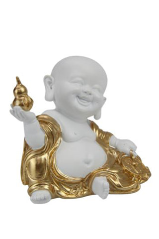 12cm White & Gold Happy Buddha With Medallion