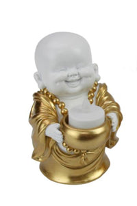 15cm White & Gold Happy Buddha with Bowl