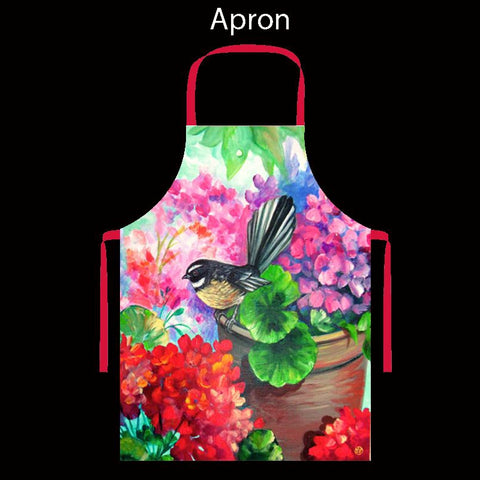 NZ Artwork Apron Fantail on garden pot