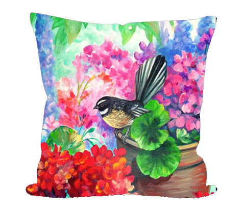 NZ Artwork Cushion Cover - Fantail on Garden Pot