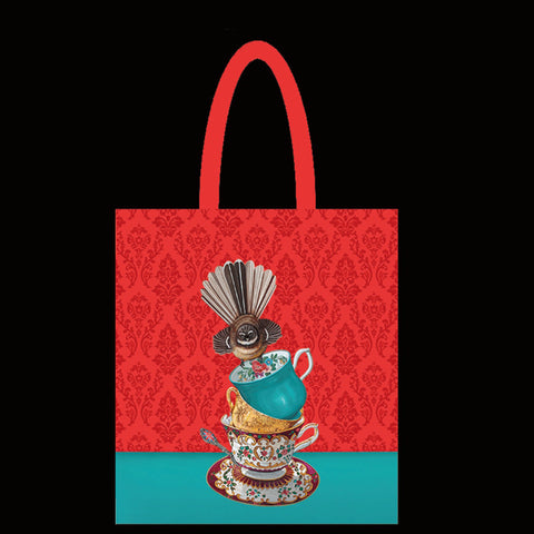 NZ Artwork Tote Bag - Fantail on teacup red