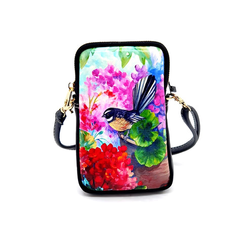 NZ Artwork Cell Phone Bag - Fantail on garden pot