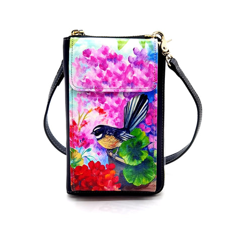 NZ Artwork Cell Phone Bag/Wallet Fantail on garden pot