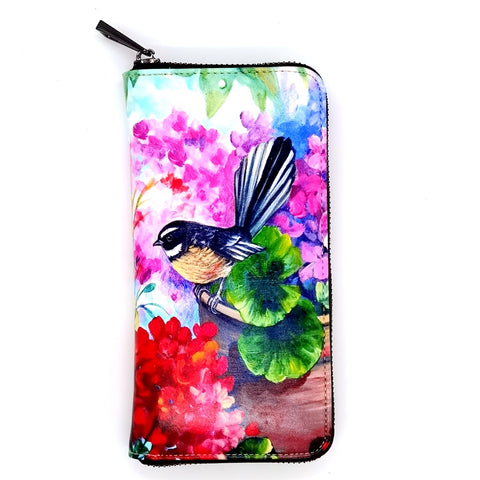 NZ Artwork Leather Wallet Fantail on Garden Pot