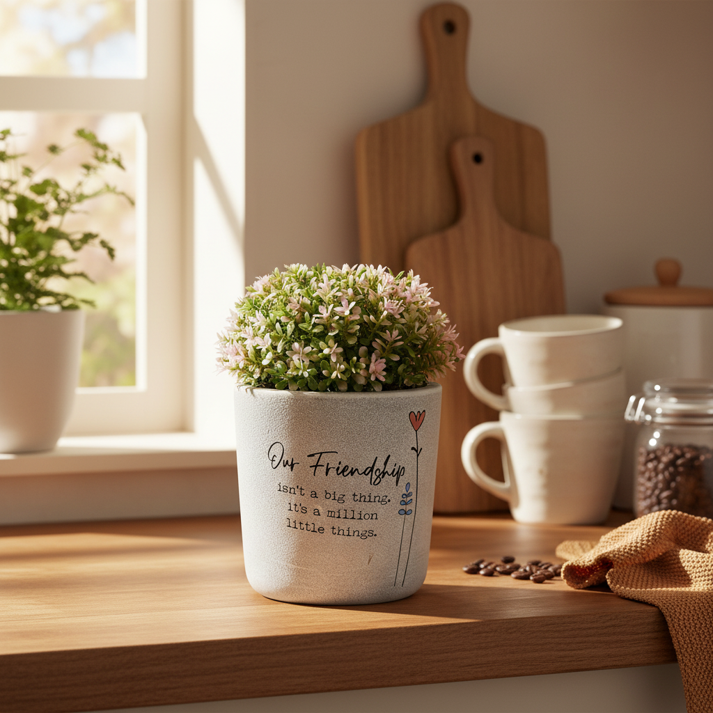 Ceramic planter with flowers and a quote on a white background