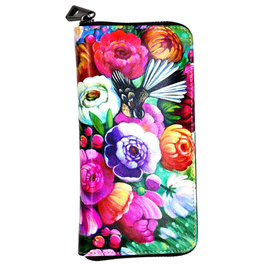 NZ Artwork Long Leather Wallet - Fantail Irina