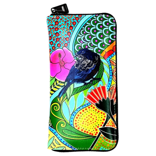 NZ Artwork Long Leather Wallet - Tui Lucia