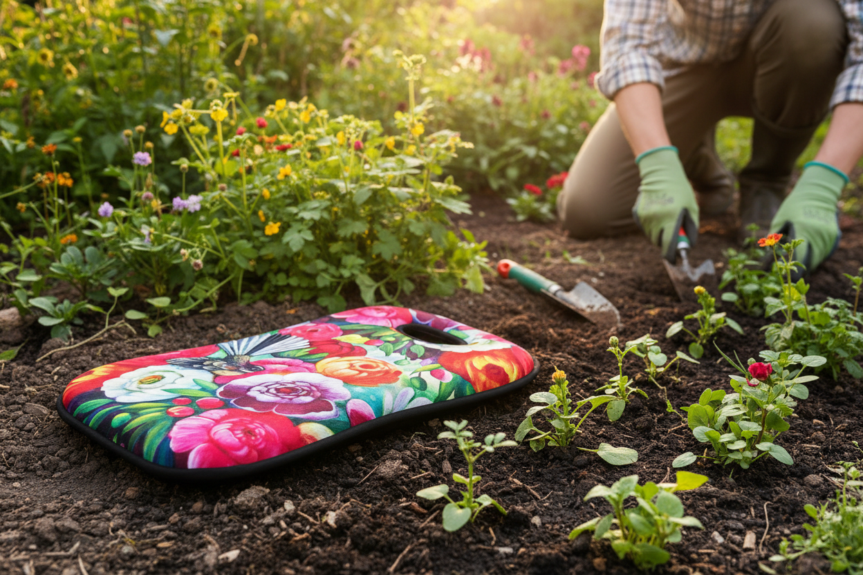 NZ Artwork Garden Kneeler Fantail & Flowers