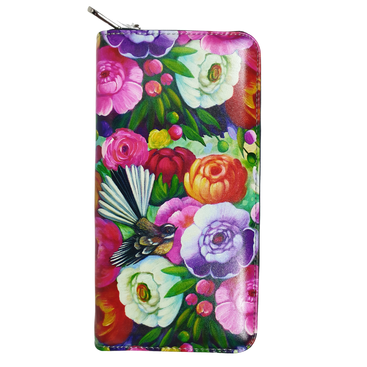 NZ Artwork Long Wallet Fantail on Flowers