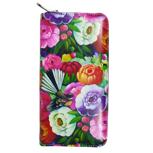 NZ Artwork Long Wallet Fantail on Flowers