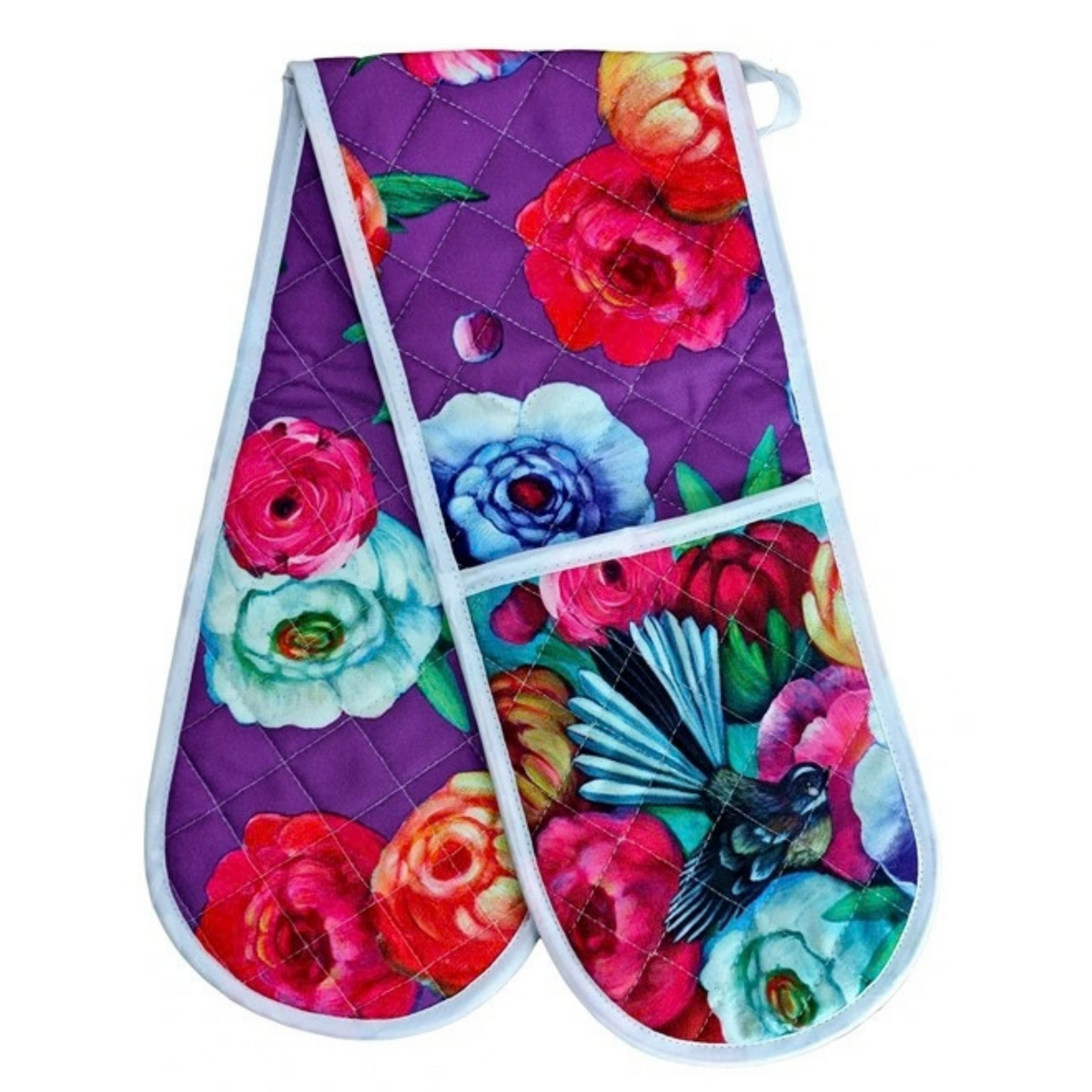 NZ Artwork Double Oven Glove Fantail on Flowers
