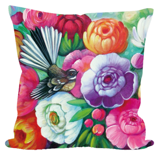 NZ Artwork Cushion Cover - Fantail & Flowers
