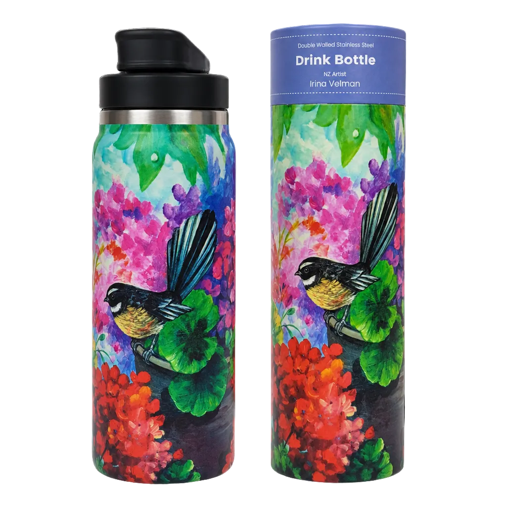 NZ Artwork Drink Bottle 710ml - Fantail on Flowers