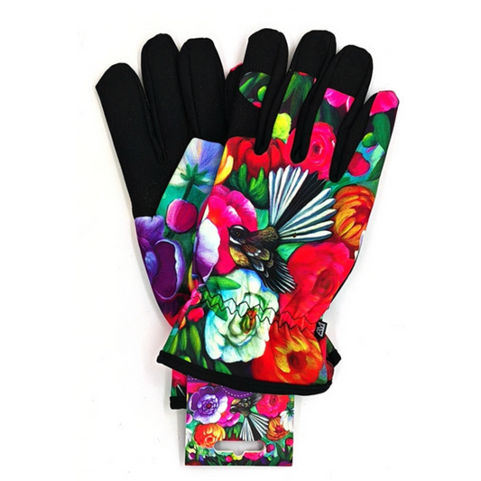 NZ Artwork Garden Gloves Fantail & Flowers