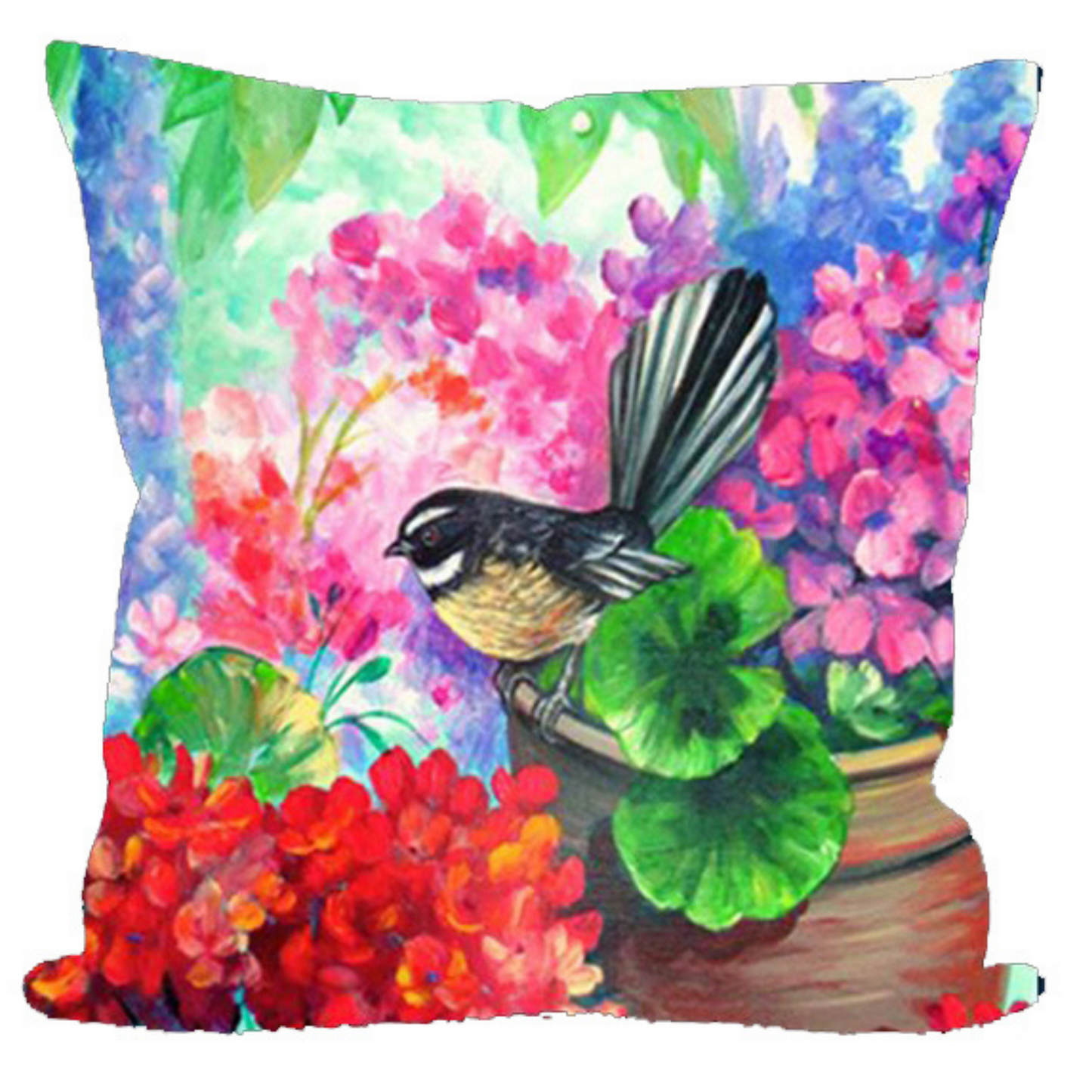 NZ Artwork Cushion Cover - Fantail on Garden Pot