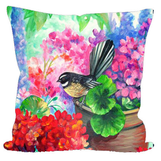 NZ Artwork Cushion Cover - Fantail on Garden Pot