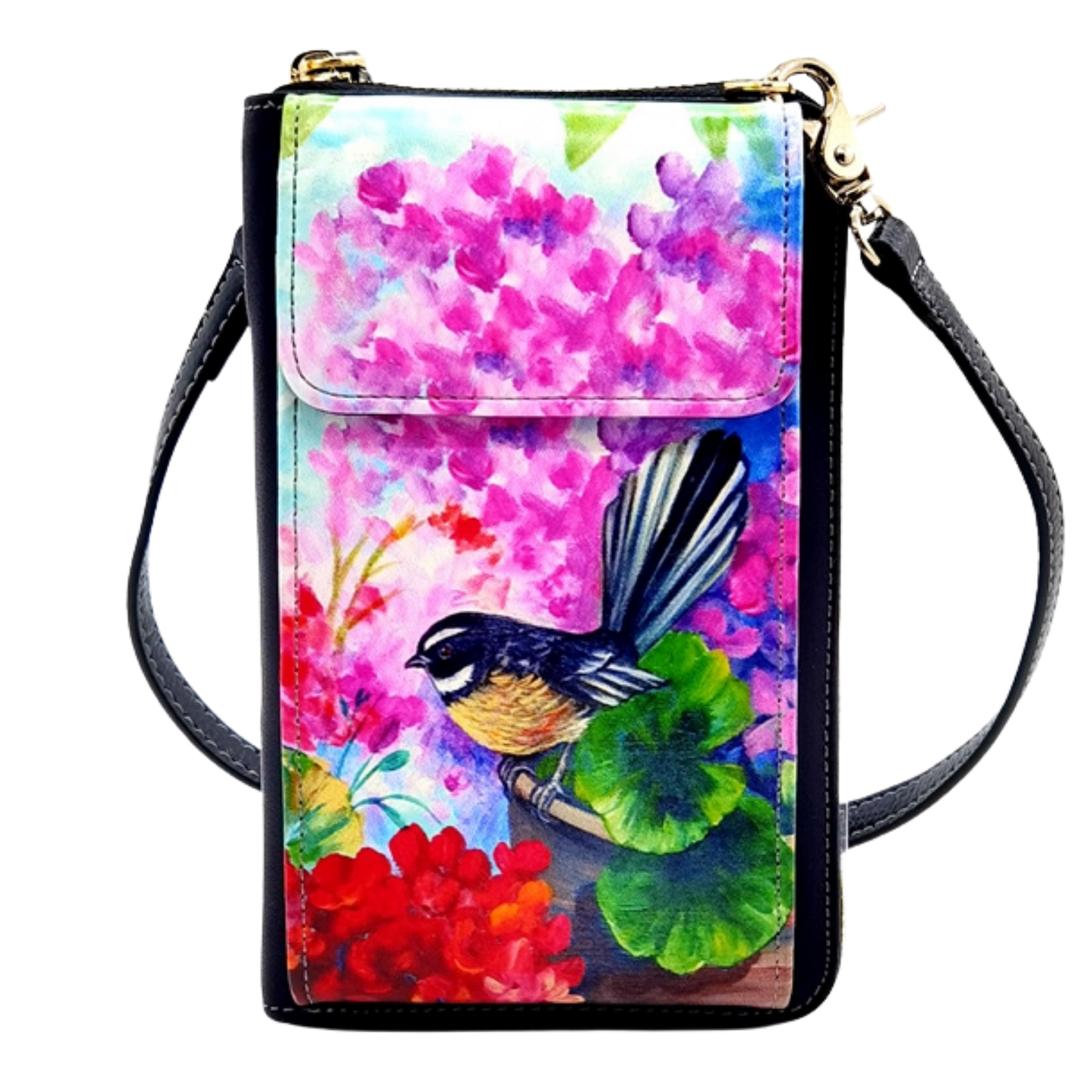 NZ Artwork Cell Phone Bag/Wallet Fantail on garden pot