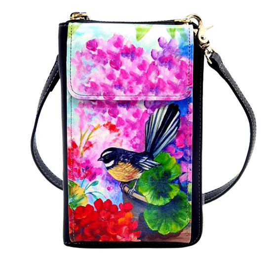 NZ Artwork Cell Phone Bag/Wallet Fantail on garden pot