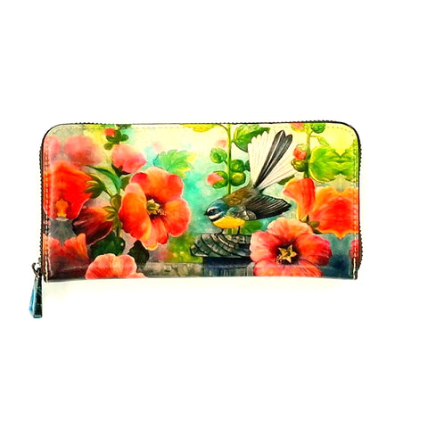 NZ Artwork Leather Wallet - Fantail