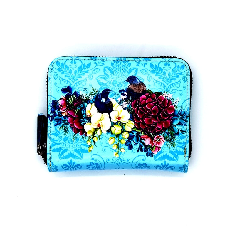 NZ Artwork Small Leather Wallet - Tui's with Flowers